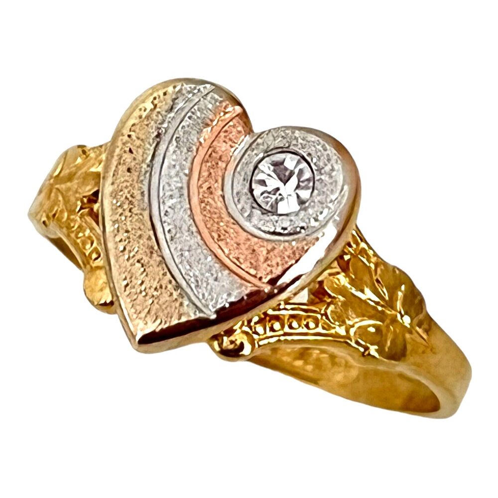 Vintage 1980s Ring Size 6 Heart Crystal Accented Textured Gold Plated - 14W